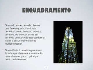 ENQUADRAMENTO 
• O mundo está cheio de objetos 
que fazem quadros naturais 
perfeitos, como árvores, arcos e 
buracos. Ao colocar estes em 
torno da composição que ajudam a 
isolar o assunto principal do 
mundo exterior. 
• O resultado é uma imagem mais 
focada que chama a sua atenção, 
naturalmente, para o principal 
ponto de interesse. 
67 
 