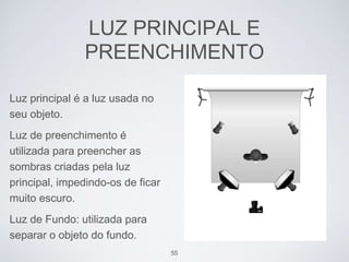 LUZ PRINCIPAL E 
PREENCHIMENTO 
Luz principal é a luz usada no 
seu objeto. 
Luz de preenchimento é 
utilizada para preencher as 
sombras criadas pela luz 
principal, impedindo-os de ficar 
muito escuro. 
Luz de Fundo: utilizada para 
separar o objeto do fundo. 
55 
 