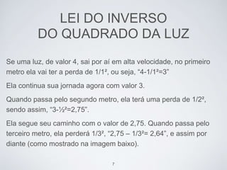 LEI DO INVERSO 
DO QUADRADO DA LUZ 
Se uma luz, de valor 4, sai por aí em alta velocidade, no primeiro 
metro ela vai ter a perda de 1/1², ou seja, “4-1/1²=3” 
Ela continua sua jornada agora com valor 3. 
Quando passa pelo segundo metro, ela terá uma perda de 1/2², 
sendo assim, “3-½²=2,75”. 
Ela segue seu caminho com o valor de 2,75. Quando passa pelo 
terceiro metro, ela perderá 1/3², “2,75 – 1/3²= 2,64”, e assim por 
diante (como mostrado na imagem baixo). 
7 
 