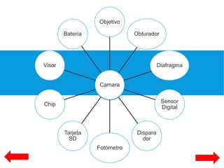 Camara
Objetivo
Obturador
Diafragma
Sensor
Digital
Dispara
dor
Fotómetro
Tarjeta
SD
Chip
Visor
Batería
 