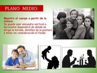 PLANO MEDIO:
Muestra el cuerpo a partir de la
cintura.
Se puede usar encuadre vertical o
horizontal dependerá de donde se
dirige la mirada, detalles de la postura
o tener en consideración el fondo.
 