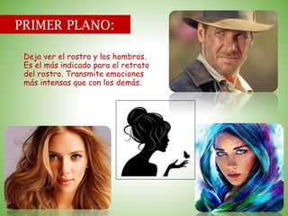 PRIMER PLANO:
Deja ver el rostro y los hombros.
Es el más indicado para el retrato
del rostro. Transmite emociones
más intensas que con los demás.
 