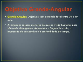 • Grande-Angular: Objetivas com distância focal entre 06 e 40
mm.
• As imagens surgem menores do que na visão humana, pois
são mais abrangentes. Aumentam o ângulo de visão, a
impressão de perspectiva e a profundidade de campo.
 