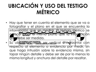 UBICACIÓN Y USO DEL TESTIGO
MÉTRICO
• Hay que tener en cuenta el elemento que se va a
fotografiar y el plano en el que se encuentra la
información que se medirá. El testigo métrico se
coloca sobre el mismo plano que la información
que debe ser medida.
• Su ubicación debe ser vertical u horizontal con
respecto al elemento o evidencia por medir, sin
que haga intrusión sobre la evidencia misma, sin
tapar ningún detalle y debe ser de por lo menos la
misma longitud y anchura del detalle por resaltar.
 