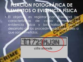 FIJACIÓN FOTOGRÁFICA DE
ELEMENTOS O EVIDENCIA FÍSICA
• El objetivo es registrar con fidelidad las
características de cada elemento o
evidencia física y los hallazgos en el
desarrollo de los procedimientos periciales a
que son sometidos.
 