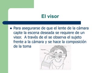 El visor
 Para asegurarse de que el lente de la cámara
capte la escena deseada se requiere de un
visor. A través de el se observa el sujeto
frente a la cámara y se hace la composición
de la toma
 