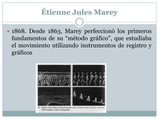 Étienne Jules Marey

 1868. Desde 1863, Marey perfeccionó los primeros
 fundamentos de su “método gráfico”, que estudiaba
 el movimiento utilizando instrumentos de registro y
 gráficos
 
