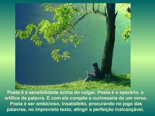 Poeta é a sensibilidade acima do vulgar. Poeta é o operário, o  artífice da palavra. E com ela compõe a ourivesaria de um verso. Poeta é ser ambicioso, insatisfeito, procurando no jogo das palavras, no imprevisto texto, atingir a perfeição inalcançável.  