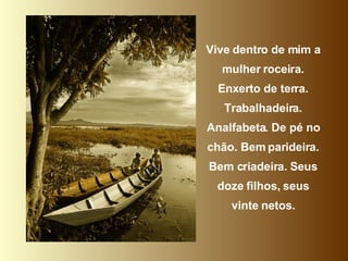 Vive dentro de mim a mulher roceira. Enxerto de terra. Trabalhadeira. Analfabeta. De pé no chão. Bem parideira. Bem criadeira. Seus doze filhos, seus vinte netos. 