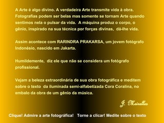 Clique! Admire a arte fotográfica!  Torne a clicar! Medite sobre o texto A Arte é algo divino. A verdadeira Arte transmite vida à obra. Fotografias podem ser belas mas somente se tornam Arte quando sentimos nela o pulsar da vida.  A máquina produz o corpo, o gênio, inspirado na sua técnica por forças divinas,  dá-lhe vida.  Assim acontece com RARINDRA PRAKARSA, um jovem fotógrafo Indonésio, nascido em Jakarta.  Humildemente,  diz ele que não se considera um fotógrafo profissional.  Vejam a beleza extraordinária de sua obra fotográfica e meditem sobre o texto  da iluminada semi-alfabetizada Cora Coralina, no embalo da obra de um gênio da música.   J. Meirelles 