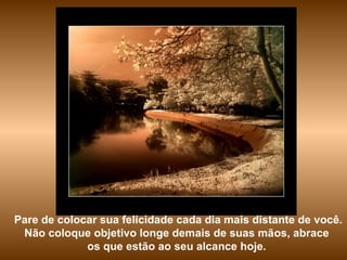 Pare de colocar sua felicidade cada dia mais distante de você.  Não coloque objetivo longe demais de suas mãos, abrace  os que estão ao seu alcance hoje.  
