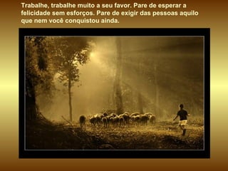 Trabalhe, trabalhe muito a seu favor. Pare de esperar a felicidade sem esforços. Pare de exigir das pessoas aquilo que nem você conquistou ainda. 