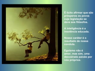 É lícito afirmar que são prósperos os povos  cuja legislação se  deve aos filósofos.  A inteligência é a insolência educada.  Nosso caráter é o resultado de nossa conduta.  Egoísmo não é  amor, mas sim, uma desvairada paixão por nós próprios .   