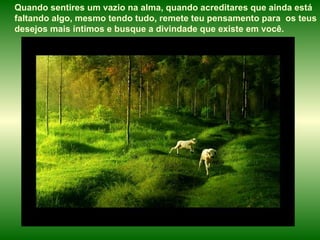 Quando sentires um vazio na alma, quando acreditares que ainda está  faltando algo, mesmo tendo tudo, remete teu pensamento para  os teus desejos mais íntimos e busque a divindade que existe em você.   
