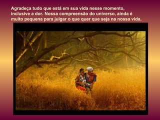 Agradeça tudo que está em sua vida nesse momento,  inclusive a dor. Nossa compreensão do universo, ainda é  muito pequena para julgar o que quer que seja na nossa vida . 