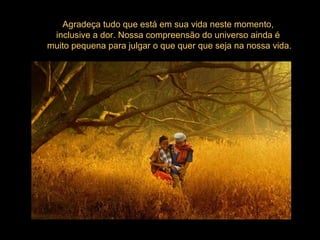 Agradeça tudo que está em sua vida neste momento,
inclusive a dor. Nossa compreensão do universo ainda é
muito pequena para julgar o que quer que seja na nossa vida.
 