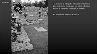 Formato
proporción que mantienen los lados del plano
en que se encuentra contenida la imagen.
En este caso el formato es vertical. Tambien
podemos encontrar la regla de los tercios,
donde el rehilete y su contraste es el
protagonista, el recorrido visual y el enfoque
centran nuestra vista en la tumba donde esta el
rehilete.
 