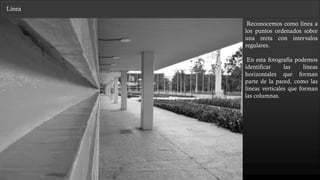 Línea
Reconocemos como línea a
los puntos ordenados sobre
una recta con intervalos
regulares.
En esta fotografía podemos
identificar las líneas
horizontales que forman
parte de la pared, como las
líneas verticales que forman
las columnas y al mismo
tiempo crean un recorrido
visual.
 