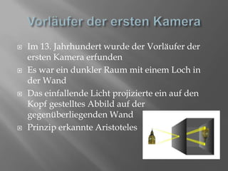 Vorläufer der ersten KameraIm 13. Jahrhundert wurde der Vorläufer der ersten Kamera erfundenEs war ein dunkler Raum mit einem Loch in der WandDas einfallende Licht projizierte ein auf den Kopf gestelltes Abbild auf der gegenüberliegenden WandPrinzip erkannte Aristoteles