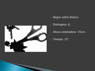    Negro sobre blanco.

   Diafragma: 8.

   Altura ampliadora: 35cm.

   Tiempo: 35”.
 