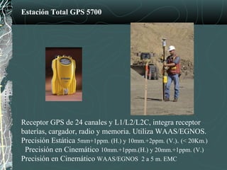 Estación Total GPS 5700
Receptor GPS de 24 canales y L1/L2/L2C, integra receptor
baterías, cargador, radio y memoria. Utiliza WAAS/EGNOS.
Precisión Estática 5mm+1ppm. (H.) y 10mm.+2ppm. (V.). (< 20Km.)
Precisión en Cinemático 10mm.+1ppm.(H.) y 20mm.+1ppm. (V.)
Precisión en Cinemático WAAS/EGNOS 2 a 5 m. EMC
 