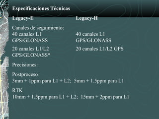 Especificaciones Técnicas
Legacy-E Legacy-H
Canales de seguimiento:
40 canales L1 40 canales L1
GPS/GLONASS GPS/GLONASS
20 canales L1/L2 20 canales L1/L2 GPS
GPS/GLONASS*
Precisiones:
Postproceso
3mm + 1ppm para L1 + L2; 5mm + 1.5ppm para L1
RTK
10mm + 1.5ppm para L1 + L2; 15mm + 2ppm para L1
 