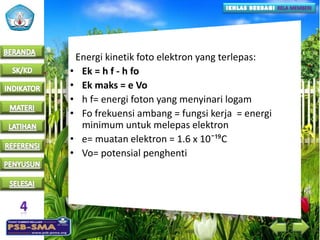 Energi kinetik foto elektron yang terlepas:
• Ek = h f - h fo
• Ek maks = e Vo
• h f= energi foton yang menyinari logam
• Fo frekuensi ambang = fungsi kerja = energi
minimum untuk melepas elektron
• e= muatan elektron = 1.6 x 10¯¹⁹C
• Vo= potensial penghenti
 