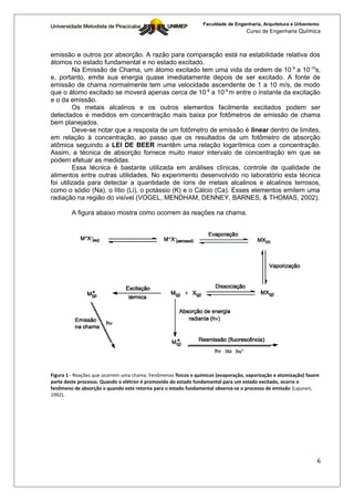 Faculdade de Engenharia, Arquitetura e Urbanismo
                                                                                   Curso de Engenharia Química



emissão e outros por absorção. A razão para comparação está na estabilidade relativa dos
átomos no estado fundamental e no estado excitado.
         Na Emissão de Chama, um átomo excitado tem uma vida da ordem de 10 -9 a 10-10s,
e, portanto, emite sua energia quase imediatamente depois de ser excitado. A fonte de
emissão de chama normalmente tem uma velocidade ascendente de 1 a 10 m/s, de modo
que o átomo excitado se moverá apenas cerca de 10 -8 a 10-9 m entre o instante da excitação
e o da emissão.
         Os metais alcalinos e os outros elementos facilmente excitados podem ser
detectados e medidos em concentração mais baixa por fotômetros de emissão de chama
bem planejados.
         Deve-se notar que a resposta de um fotômetro de emissão é linear dentro de limites,
em relação à concentração, ao passo que os resultados de um fotômetro de absorção
atômica seguindo a LEI DE BEER mantêm uma relação logarítmica com a concentração.
Assim, a técnica de absorção fornece muito maior intervalo de concentração em que se
podem efetuar as medidas.
         Essa técnica é bastante utilizada em análises clínicas, controle de qualidade de
alimentos entre outras utilidades. No experimento desenvolvido no laboratório esta técnica
foi utilizada para detectar a quantidade de íons de metais alcalinos e alcalinos terrosos,
como o sódio (Na), o lítio (Li), o potássio (K) e o Cálcio (Ca). Esses elementos emitem uma
radiação na região do visível (VOGEL, MENDHAM, DENNEY, BARNES, & THOMAS, 2002).

         A figura abaixo mostra como ocorrem às reações na chama.




Figura 1 - Reações que ocorrem uma chama. Fenômenos físicos e químicos (evaporação, vaporização e atomização) fazem
parte deste processo. Quando o elétron é promovido do estado fundamental para um estado excitado, ocorre o
fenômeno de absorção e quando este retorna para o estado fundamental observa-se o processo de emissão (Lajunen,
1992).




                                                                                                                  6
 