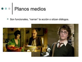 Planos medios
   Son funcionales, “narran” la acción o sitúan diálogos.
 