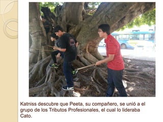 Katniss descubre que Peeta, su compañero, se unió a el
grupo de los Tributos Profesionales, el cual lo lideraba
Cato.

 