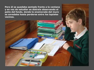 Pero él se quedaba sentado frente a la ventana
y en vez de estudiar se distraía observando el
patio del fondo, donde la enamorada del muro
se enredaba hasta perderse entre los tapiales
vecinos.
 
