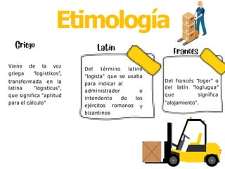 Etimología
Viene
griega
de la voz
"logistikos",
transformada en la
latina "logisticus",
que significa "aptitud
para el cálculo"
Del término latino
"logista" que se usaba
para indicar al
administrador o
intendente de los
y
ejércitos romanos
bizantinos
Del francés "loger" o
del latín "loglugua"
que significa
"alojamiento".
 