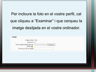 Per incloure la foto en el vostre perfil, cal que cliqueu a “Examinar” i que cerqueu la imatge desitjada en el vostre ordinador. 