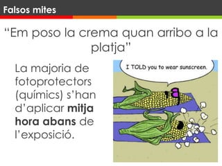 “Em poso la crema quan arribo a la
platja”
La majoria de
fotoprotectors
(químics) s’han
d’aplicar mitja
hora abans de
l’exposició.
Falsos mites
 