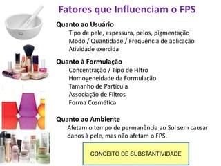 Fatores que Influenciam o FPS
CONCEITO DE SUBSTANTIVIDADE
Quanto ao Usuário
Tipo de pele, espessura, pelos, pigmentação
Modo / Quantidade / Frequência de aplicação
Atividade exercida
Quanto à Formulação
Concentração / Tipo de Filtro
Homogeneidade da Formulação
Tamanho de Partícula
Associação de Filtros
Forma Cosmética
Quanto ao Ambiente
Afetam o tempo de permanência ao Sol sem causar
danos à pele, mas não afetam o FPS.
 