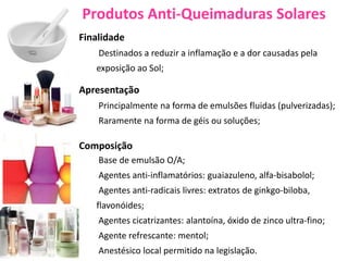 Produtos Anti-Queimaduras Solares
Finalidade
Destinados a reduzir a inflamação e a dor causadas pela
exposição ao Sol;
Apresentação
Principalmente na forma de emulsões fluidas (pulverizadas);
Raramente na forma de géis ou soluções;
Composição
Base de emulsão O/A;
Agentes anti-inflamatórios: guaiazuleno, alfa-bisabolol;
Agentes anti-radicais livres: extratos de ginkgo-biloba,
flavonóides;
Agentes cicatrizantes: alantoína, óxido de zinco ultra-fino;
Agente refrescante: mentol;
Anestésico local permitido na legislação.
 