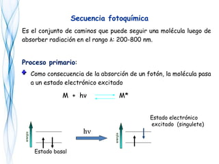 Secuencia fotoquímica
Es el conjunto de caminos que puede seguir una molécula luego de
absorber radiación en el rango λ: 200-800 nm.
Proceso primario:
Como consecuencia de la absorción de un fotón, la molécula pasa
a un estado electrónico excitado
M + hv M*
Estado basal
Estado electrónico
excitado (singulete)
hh
 