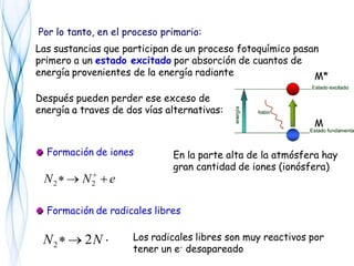 eNN  
22
 NN 22
En la parte alta de la atmósfera hay
gran cantidad de iones (ionósfera)
Los radicales libres son muy reactivos por
tener un e- desapareado
Las sustancias que participan de un proceso fotoquímico pasan
primero a un estado excitado por absorción de cuantos de
energía provenientes de la energía radiante
Formación de radicales libres
Formación de iones
Por lo tanto, en el proceso primario:
Después pueden perder ese exceso de
energía a traves de dos vías alternativas:
M*
M
 
