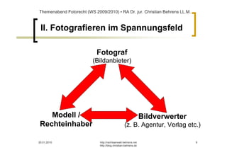 Themenabend Fotorecht (WS 2009/2010) ▪ RA Dr. jur. Christian Behrens LL.M.



 II. Fotografieren im Spannungsfeld

                            Fotograf
                          (Bildanbieter)




    Modell /                                                    Bildverwerter
 Rechteinhaber                                    (z. B. Agentur, Verlag etc.)

20.01.2010                   http://rechtsanwalt-behrens.net                    9
                             http://blog.christian-behrens.de
 