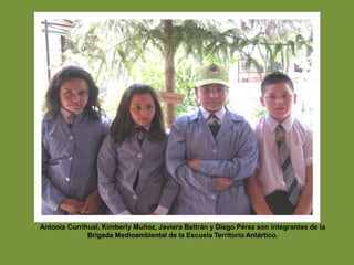 Antonia Currihual, Kimberly Muñoz, Javiera Beltrán y Diego Pérez son integrantes de la
              Brigada Medioambiental de la Escuela Territorio Antártico.
 