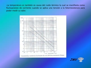-La temperatura es también es causa del ruido térmico la cual se manifiesta como
fluctuaciones de corriente cuando se aplica una tensión a la fotorresistencia para
poder medir su valor.

JMV

 