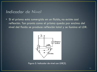 • Si el prisma esta sumergido en un fluido, no existe casi
reflexión. Tan pronto como el prisma queda por encima del
nivel del fluido se produce reflexión total y se ilumina el LDR.
Figura 5. Indicador de nivel con LDR[3].
11
 
