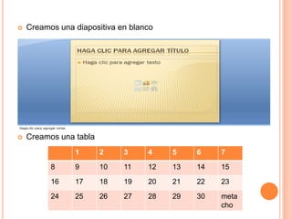    Creamos una diapositiva en blanco




   Creamos una tabla
                1       2    3     4    5    6    7

          8     9       10   11    12   13   14   15

          16    17      18   19    20   21   22   23

          24    25      26   27    28   29   30   meta
                                                  cho
 