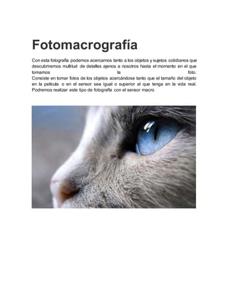Fotomacrografía
Con esta fotografía podemos acercarnos tanto a los objetos y sujetos cotidianos que
descubriremos multitud de detalles ajenos a nosotros hasta el momento en el que
tomamos la foto.
Consiste en tomar fotos de los objetos acercándose tanto que el tamaño del objeto
en la película o en el sensor sea igual o superior al que tenga en la vida real.
Podremos realizar este tipo de fotografía con el sensor macro.
 