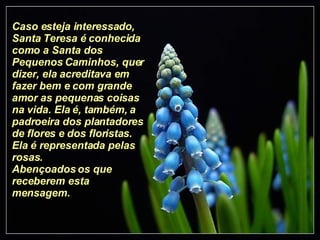 Caso esteja interessado, Santa Teresa é conhecida como a Santa dos Pequenos Caminhos, quer dizer, ela acreditava em fazer bem e com grande amor as pequenas coisas na vida. Ela é, também, a padroeira dos plantadores de flores e dos floristas. Ela é representada pelas rosas. Abençoados os que receberem esta mensagem. 