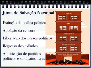 Junta de Salvação Nacional

Extinção da polícia política
Abolição da censura
Libertação dos presos políticos
Regresso dos exilados
Autorização de partidos
políticos e sindicatos livres
 