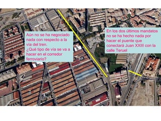 Aún no se ha negociado nada con respecto a la vía del tren. ¿Qué tipo de vía se va a hacer en el corredor ferroviario? En los dos últimos mandatos no se ha hecho nada por hacer el puente que conectará Juan XXIII con la calle Teruel 