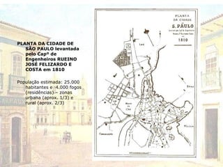 PLANTA DA CIDADE DE
SÃO PAULO levantada
pelo Capº de
Engenheiros RUEINO
JOSÉ FELIZARDO E
COSTA em 1810
População estimada: 25.000
habitantes e 4.000 fogos
(residências) – zonas
urbana (aprox. 1/3) e
rural (aprox. 2/3)
 