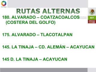 RUTAS ALTERNAS180. ALVARADO – COATZACOALCOS (COSTERA DEL GOLFO)175. ALVARADO – TLACOTALPAN145. LA TINAJA – CD. ALEMÁN – ACAYUCAN145 D. LA TINAJA – ACAYUCAN