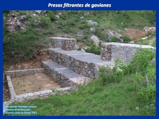 Presas filtrantes de gavionesSan Agustín Tlacotepec, OaxacaVolumen de construcción:Inversión (miles de Pesos): 106.2